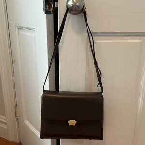 Demeriel Clip Shoulder Leather Box Bag Medium in Dark Brown